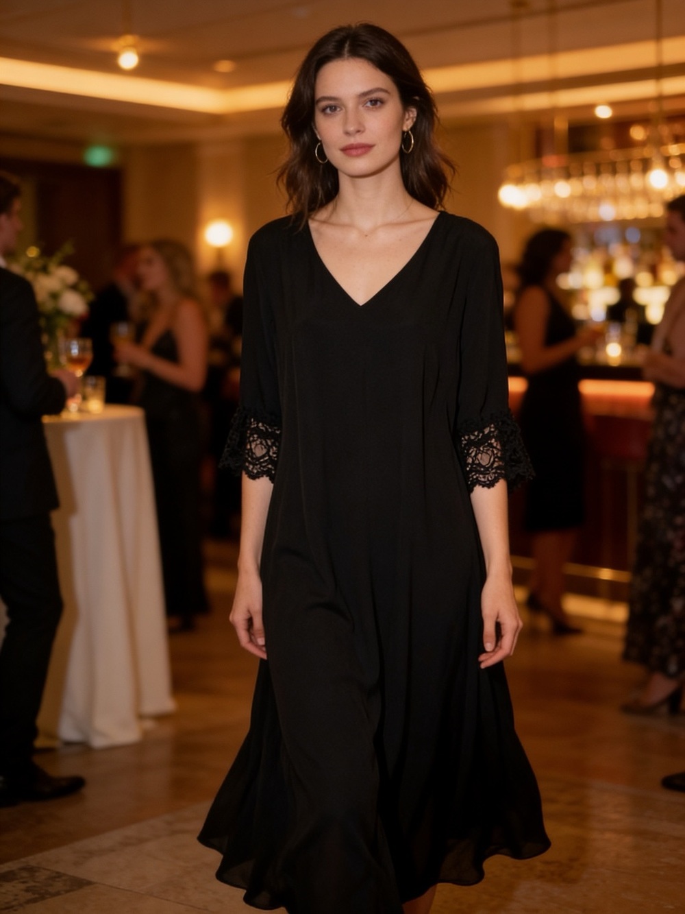 MSK Black Shift Dress V-Neck Lace Bell Sleeves Size L